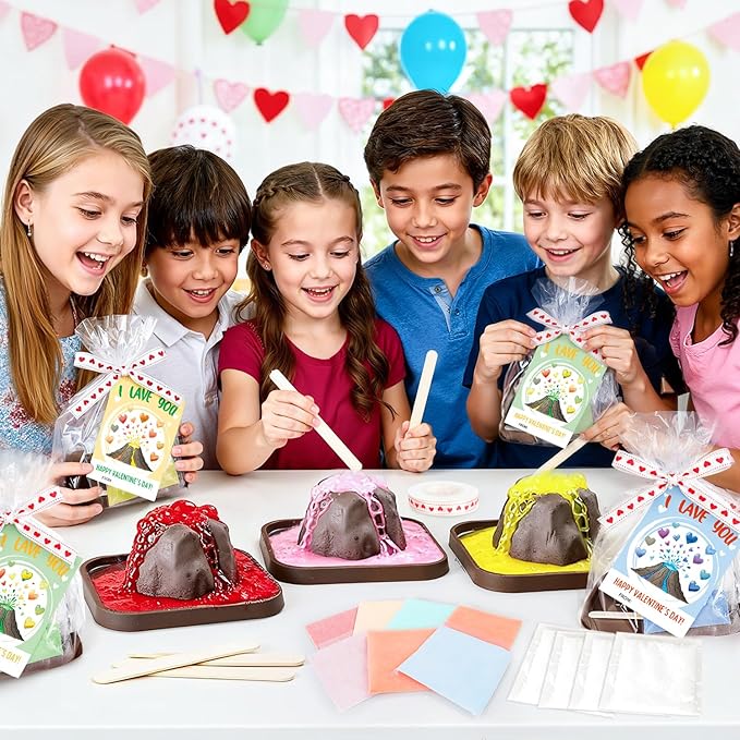 MOVINPE Valentine’s Day Classroom Gift Exchange for Kids – 26 Pack Volcano Science STEM Kits with Valentines Cards, Mini Volcano Eruption Experiment Science Party Favors for School Activities