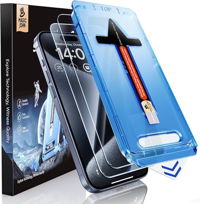 MAGIC JOHN 2 Pack for iPhone 15 Pro (6.1 inch) Tempered Glass Screen Protector Auto Dust-Elimination Installation Bubble Free Dynamic Island Compatible HD Clear Easy Installation