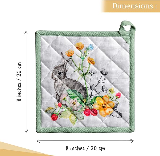 Maison d' Hermine Pot Holders Set 100% Cotton Heat Resistant Potholders 8" x 8" Hot Pads with Loop BBQ, Cooking, Baking, Grilling, Kitchen, Handling Hot Pans Spring/Summer (Pack of 2, Printemps)