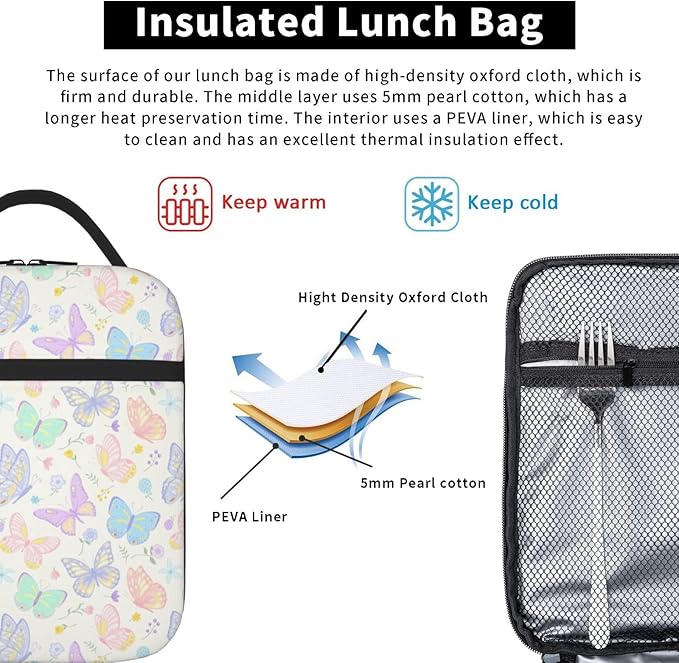 Watercolor Butterflies Insulated Lunch Bag,Kids Lunch Box For Girls Boys Teen,Kid Lunch Box Cooler Bag With Front Pocket For Women Men,Reusable Lunch Tote Bag Lunchbox For School/Work/Picnic/Office