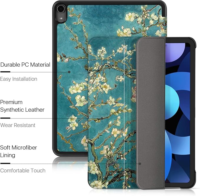 TNP Cover Case for iPad Air 11 Inch M2 6th 2024 5th 4th Generation(2022 2020) - 10.9 Almond Blossom Case with Pencil Holder for 2nd Gen Apple Pencil - Protective Cover with Trifold Stand