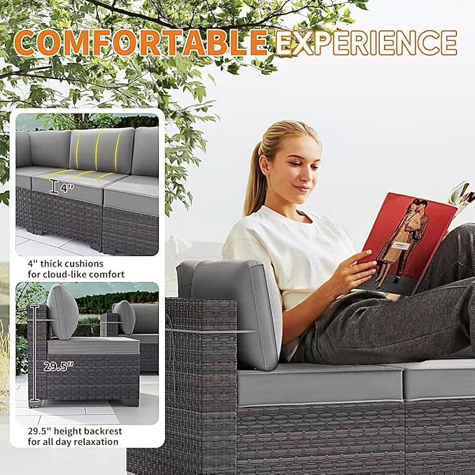 Gotland 13 Pieces Patio Furniture Set with Fire Pit Table, All Weather PE Rattan Outdoor Furniture with 29.5'' High Backrest 4’’ Thick Cushions Coffee Table, Patio Conversation Set for Deck, Gray
