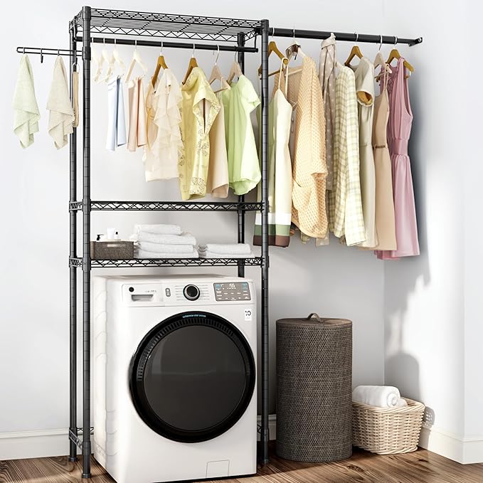 Over Washer and Dryer Shelves,3 Tier Adjustable Wire Shelving Laundry Room Storage Organization Clothes Drying Rack with Mounted on the Wall Expandable Hanger Rods&Hook,55"~74.5"Wx13.4"Dx77"H
