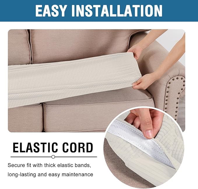 H.VERSAILTEX Super Stretch Individual Seat Cushion Covers Sofa Covers Couch Covers Slipcover Sets Thick Jacquard Textured Twill Fabric (3 Piece XL Sofa Cushion Covers, Cream)