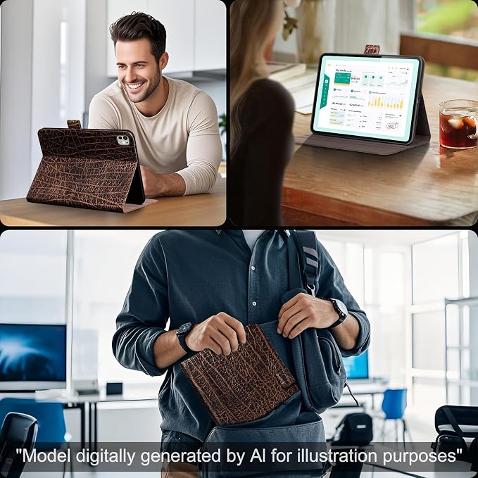 Gexmil Leather Case for iPad Pro 13 Inch M5/M4 2025/2024Crocodile Brown | Genuine Leather Cover with Magnetic ClosureSmart Folio Auto Sleep/WakeProtective ShockproofAdjustable Stand
