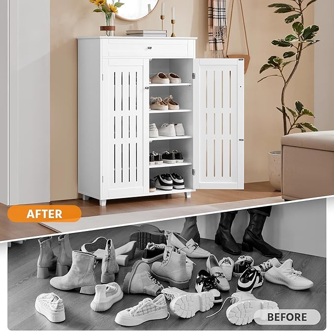 Yaheetech Shoe Cabinet, 5-Tier Shoe Rack Organizer with 1 Drawer, Freestanding Wooden Shoe Storage Cabinet with 2 Louvered Door & Adjustable Shelves for Entryway Hallway, White