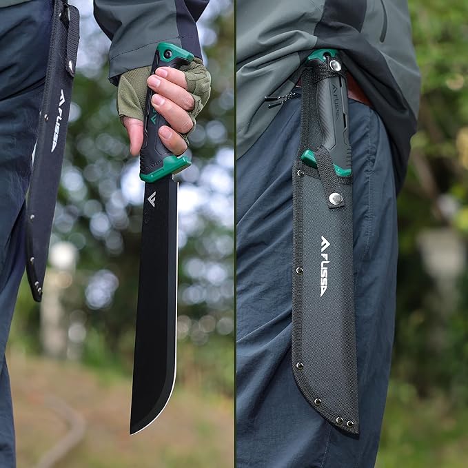 FLISSA 11'' Machete for Yard Work, Ergonomic Air Tech Handle and Lightweight Sheath, Stainless Steel Machete Knife for Gardening, Bushcraft, Hunting