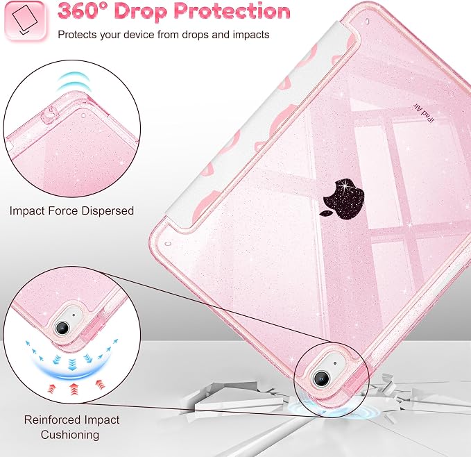 for iPad Air 11 inch M4/M3/M2 (2026/2025/2024) iPad Air 5th/4th Gen (2022/2020) 10.9 inch with Pencil Holder Glitter Clear Pretevtive Cover Auto Wake/Sleep Black Cartoon Stickers