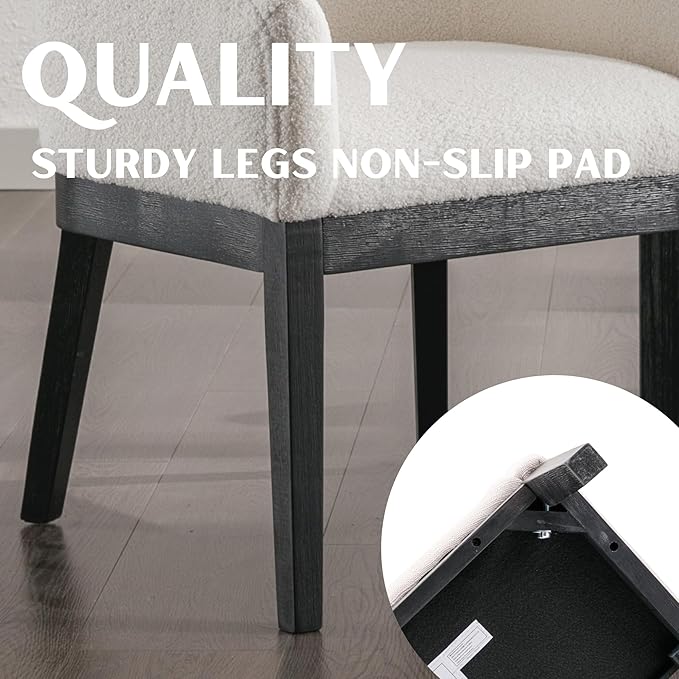 White Mid Century Modern Dining Chairs Set of 6, Farmhouse Boucle Upholstered Accent Curved Backrest Kitchen Chairs Armchairs with Black Wood Legs, White