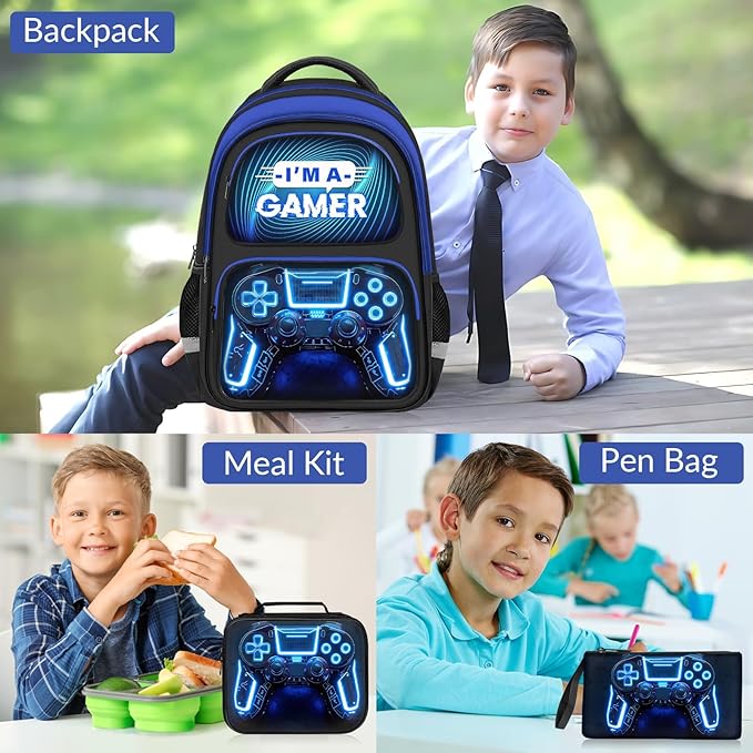 School Backpack for Boys - 3pcs Gamer Boys Backpack with Lunch Box Set for Kids Teens Elementary Middle School - 17″ Video Game Bookbag Travel Back Pack for Age 6-18