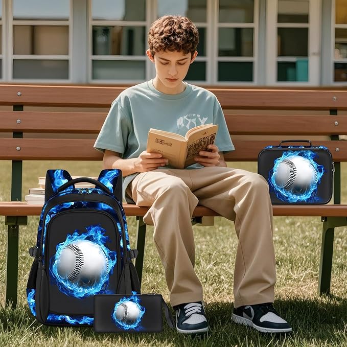 School Backpacks for Boys - 4pcs Baseball Boys Backpacks with Lunch Box Set for Kids Teens Elementary Middle School, 17″ Large Capacity Students Bookbag, Perfect for Travel