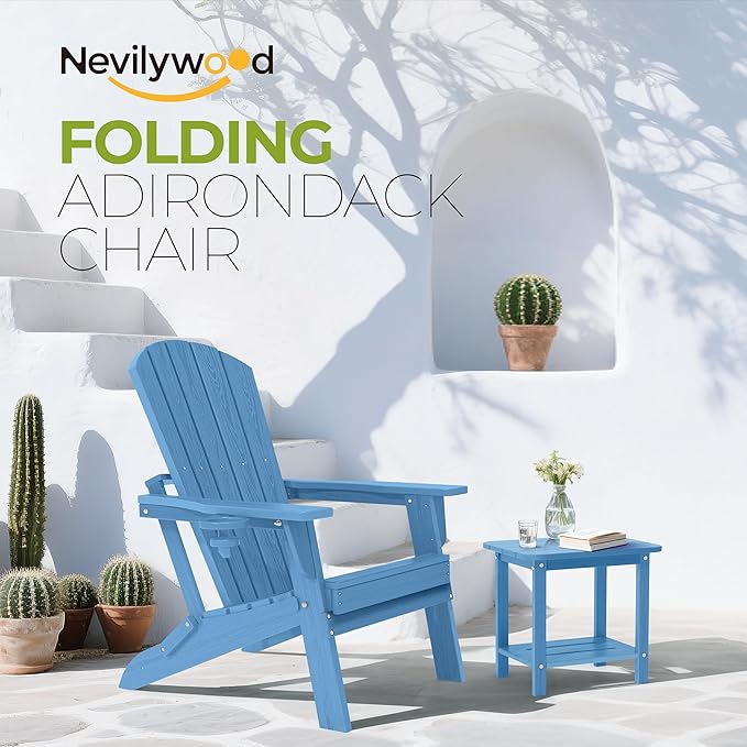 nevilywood Folding Adirondack Chair with Cup Holder Set of 2,All-Weather Adirondack Chair,Patio Chair,HDPE-Wooden Textured Lawn Chair- Light Blue
