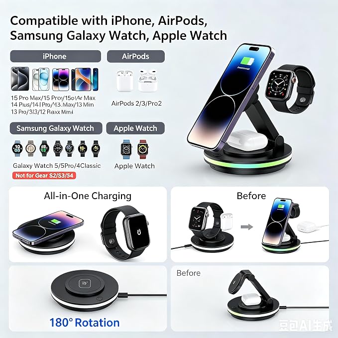 4-in-1 Foldable &amp rotatable Wireless Charging Station with 15W Fast Charging. Compatible with iPhone 12-17 Apple Watch and AirPods Series.