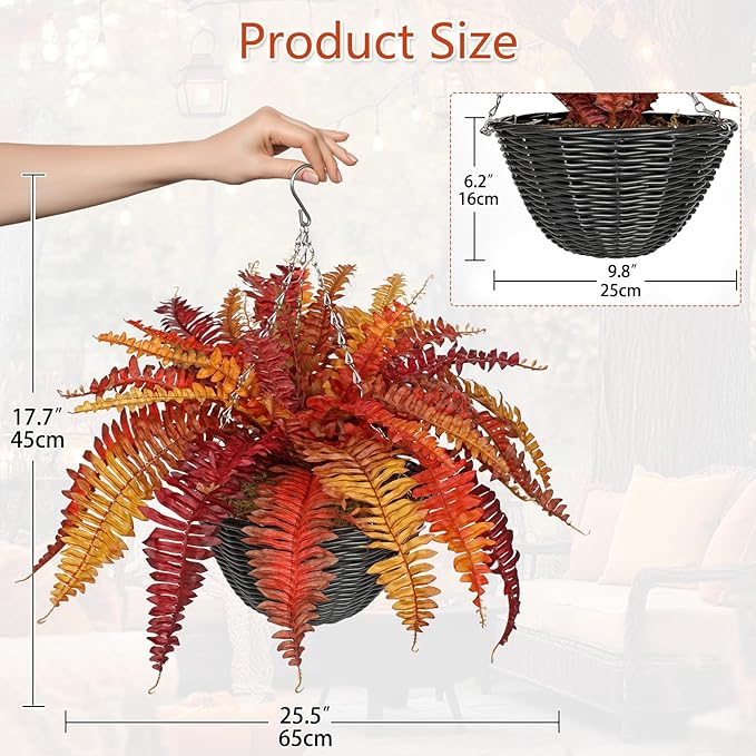 Hollyone Fall Artificial Fern Fall Hanging Baskets Outdoor Indoor Silk Plant Boston Ferns Autumn Potted Plants with Black Rattan Pot for Fake Fern Bush Plant Patio Garden Farmhouse Home Decor Orange