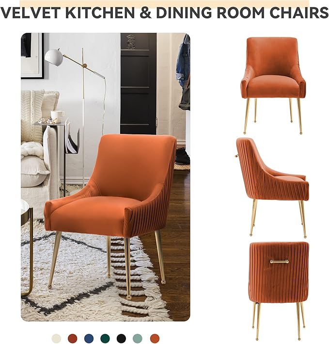 Dining Chairs, Accent Chairs Set of 2, Modern Upholstered Kitchen Dining Room Chairs with Gold Legs, Fabric Tufted Velvet Living Room Chairs for Reception Room Bedroom Guest Room (Orange)