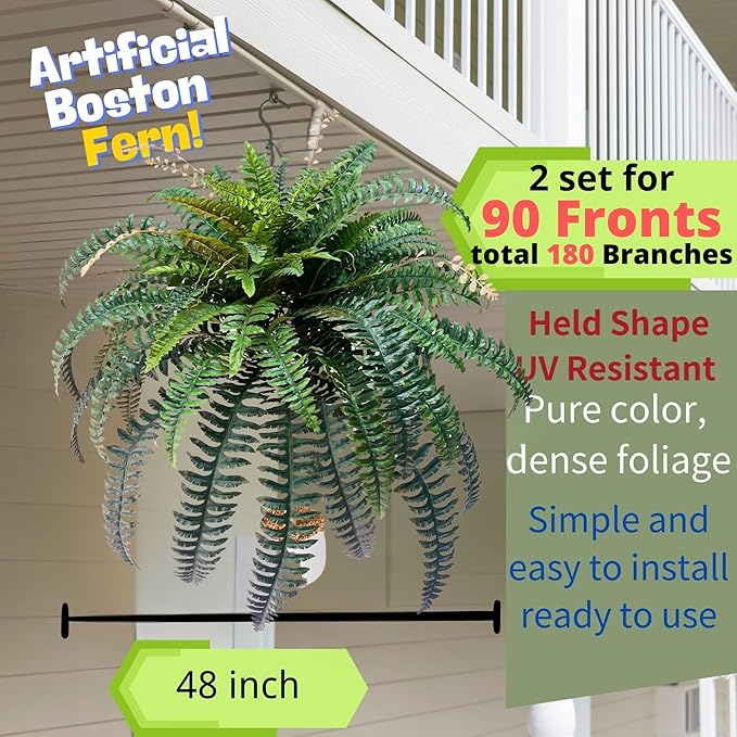 2pack 90 Branches Giant Artificial Boston Ferns for Outdoors Large–UV Resistant Lifelike Faux Fern, Realistic Silk Greenery Plants Large Office, Home Decor,48 Inch Fake Fern Leaf Green.No Base