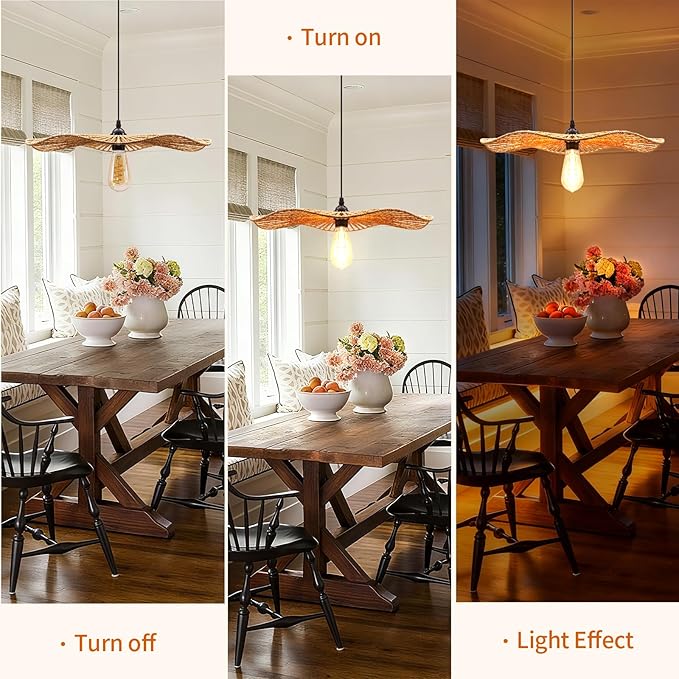 15''Natural Rattan Chandelier Pendant Light-Farmhouse Boho Rattan Pendant Lights with Included E27 Bulb, 120V Wicker Pendant Lights for Dining Room Kitchen Island Bedroom Living Room