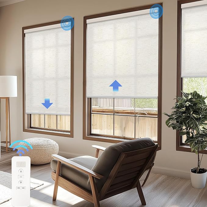 COOLWINDS Motorized Blinds with Remote Cordless Automatic Motorized Shades Custom Blinds for Windows Smart Curtains Compatible with Alexa Google Home(Light Filtering Linen Sandy Beach,W49 x H72in)