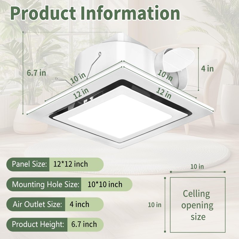 Orvexa Bathroom Exhaust Fan with Light, 140 CFM 1.0 Sone Quiet Bathroom Fan with Light, 12" x 12" Panel, 10" x 10" Ceiling Opening, 4" Duct, 6500K 1200LM LED, Independent Fan & Light Controls