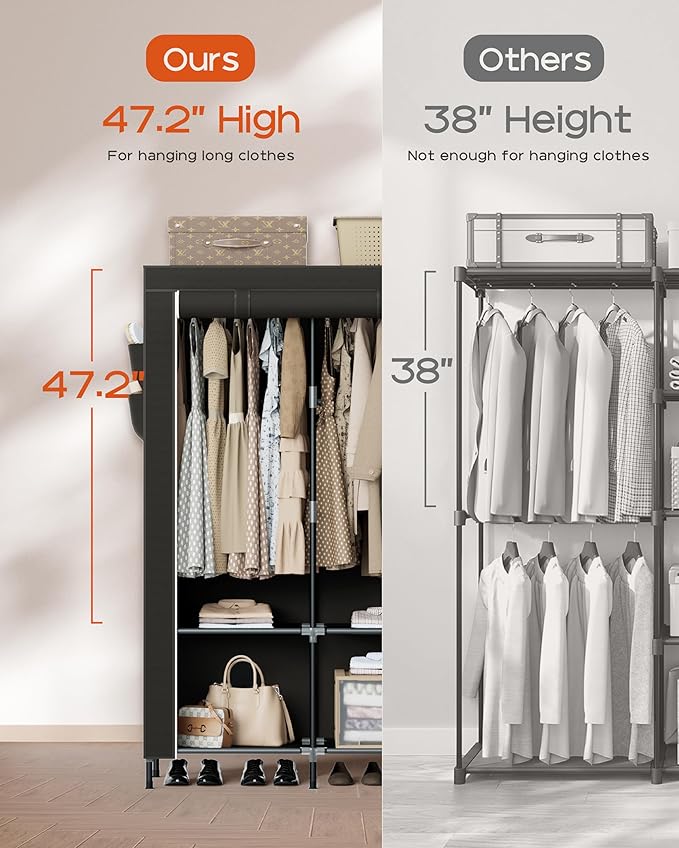 CASAMAYA Portable Closet, 34 Inch Large Capacity Wardrobe Closet with Cover, Clothes Storage Organizer with Shelves and 2 Hanging Rods, Easy to Assembly, Black PCT202B01
