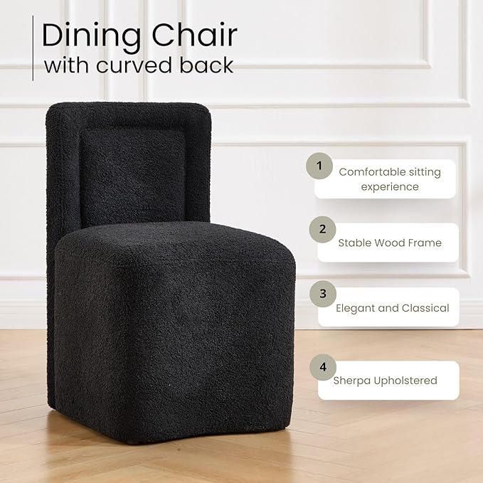 Black Upholstered Dining Chairs Set of 2, Armless Modern Sherpa Dining Chairs with High Back, Kitchen Chair for Dining Room/Restaurant/Living Room