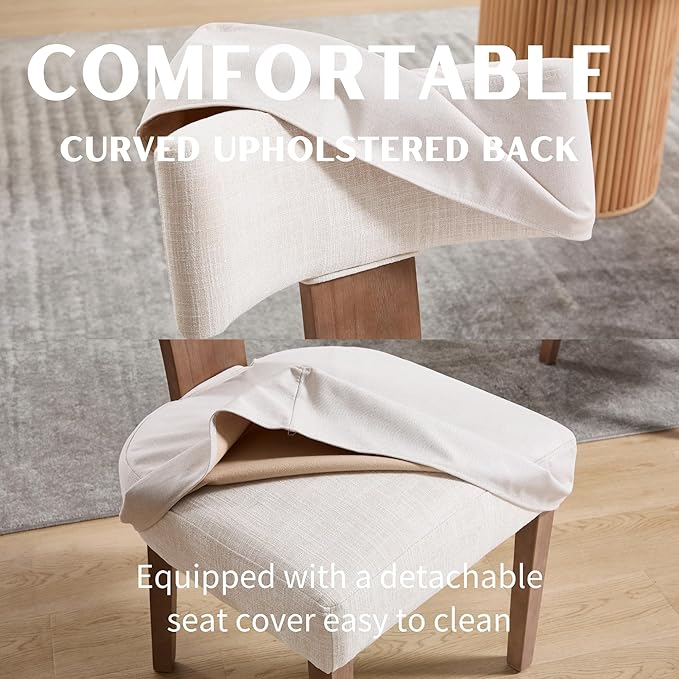Linen Dining Chairs Set of 2 with Seat Covers, Modern Dining Chairs with Wood Legs, Farmhouse Fabric Upholstered Dining Room Kitchen Side Chairs, Beige