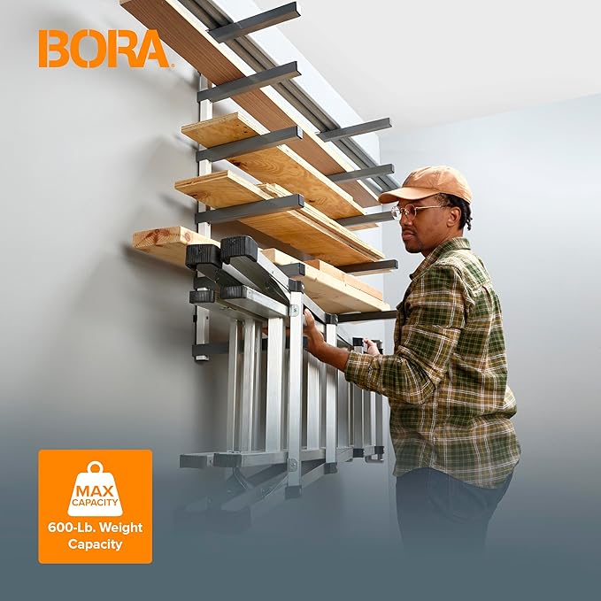 Bora 6 Level Lumber Storage Rack Wood and Garage Organization Space Saving Metal Shelf for Pipes, Boards, Plywood, and Building Materials - PBR-0620 White Gray