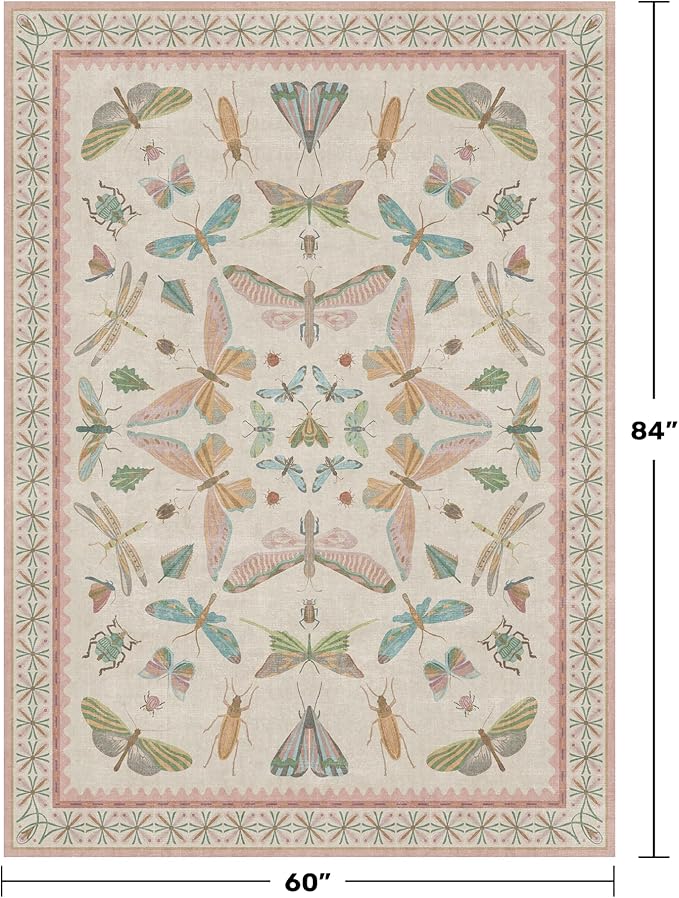 Butterfly Area Rugs 5x7 for Baby Nursery, Cute Light Pink Rugs for Bedroom Girls, Living Room, Kids Room Playroom Reading Corner, Washable Ultra Soft Stain Resistant Floral Floor Decor