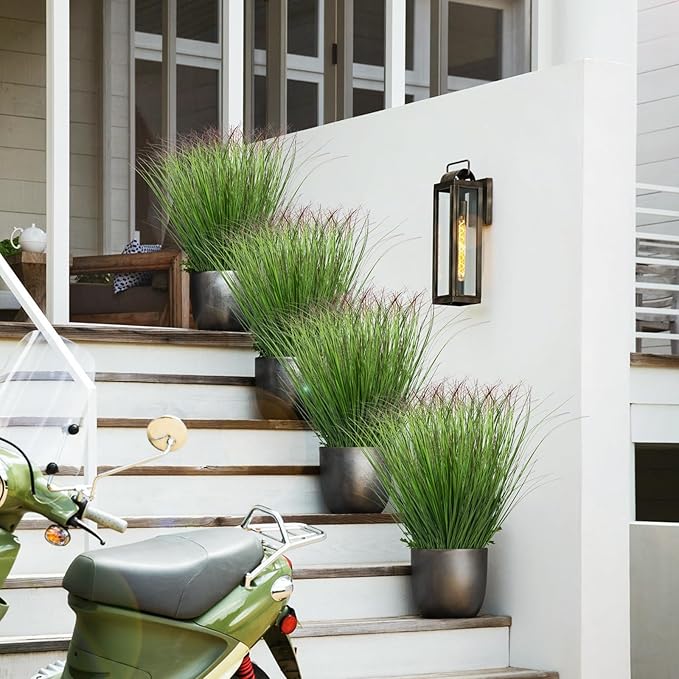 24Pcs Artificial Grass Plants, Faux Shrubs Wheat Grass, Artificial Tall Grass Fake Plants for Outdoor Decor,Artificial Greenery Stems Weed for Room Indoor Home Decor（Green Red Tail）
