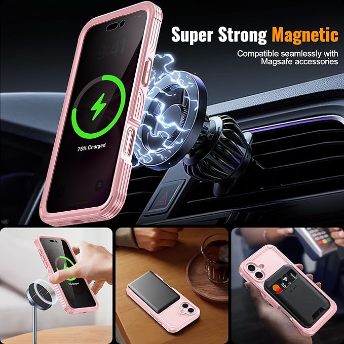 Magnetic & Stand for iPhone 16 Plus Case Built-in Privacy Screen Protector[360° Full Body Protection][Fit for Magsafe][Lens Protector] Heavy Duty Shockproof Phone Case for iPhone 16 Plus Pink