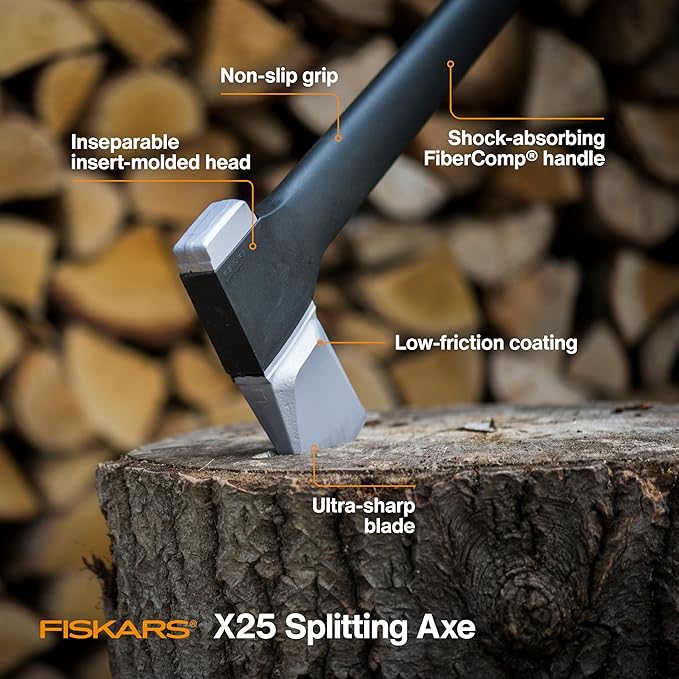 Fiskars X25 Splitting Axe, 28" Wood Splitting Axe for Medium to Large Size Logs with Shock Absorbing Handle and Sheath, Split Firewood, Forged Steel Blade, Bushcraft Gear and Camping Hatchet
