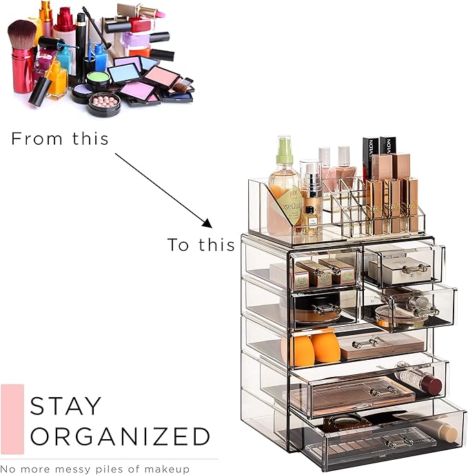Sorbus Clear Cosmetic Makeup Organizer - Make Up & Jewelry Storage, Case & Display - Spacious Design - Holder for Dresser, Bathroom, Vanity & Countertop (3 Large, 4 Small Drawers) [Black Jewel]