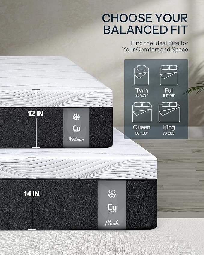 Life Balance Hybrid King Mattress 14 Inch, Made in USA, Plush, Individual Pocket Coils & Copper Gel Memory Foam， Hypoallergenic & Odorless, Motion Isolation & Pressure Relief, Mattress in a Box