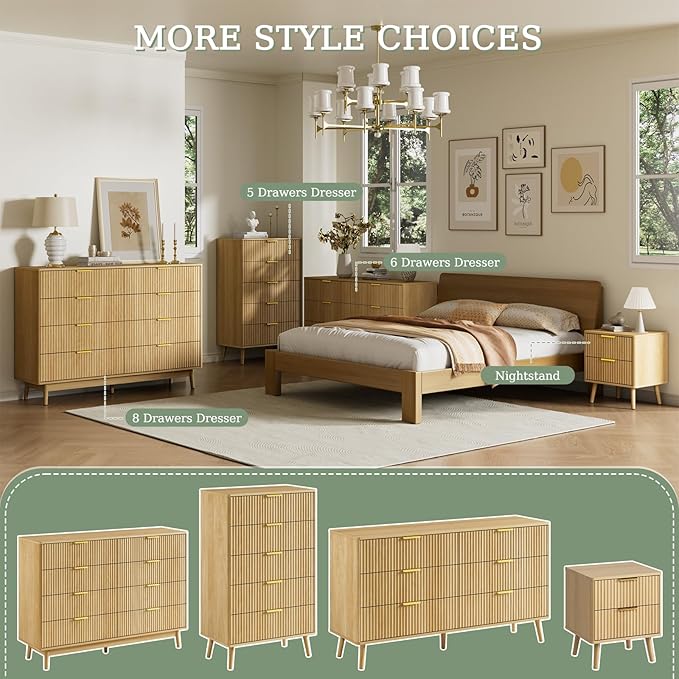 LYNSOM Fluted 8 Drawer Dresser for Bedroom, 55" Wide Modern Chest of Drawers with Curved Profile Design and Metal Handles, Wood Dresser TV Stand & Storage Organizer for Bedroom, Hallway, Oak