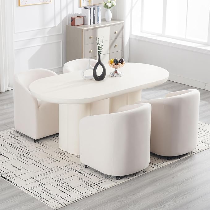 Set of 4 Modern White Upholstered Dining Chairs with Swivel Casters, Linen Barrel Back Accent Side Chair for Dining Room Living Room, Beige