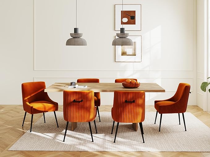 Velvet Dining Chairs Set of 8,Orange Upholstered Living Room Chairs with Black Metal Legs, Modern Tufted Accent Chairs for Living Room, Study Room, Kitchen