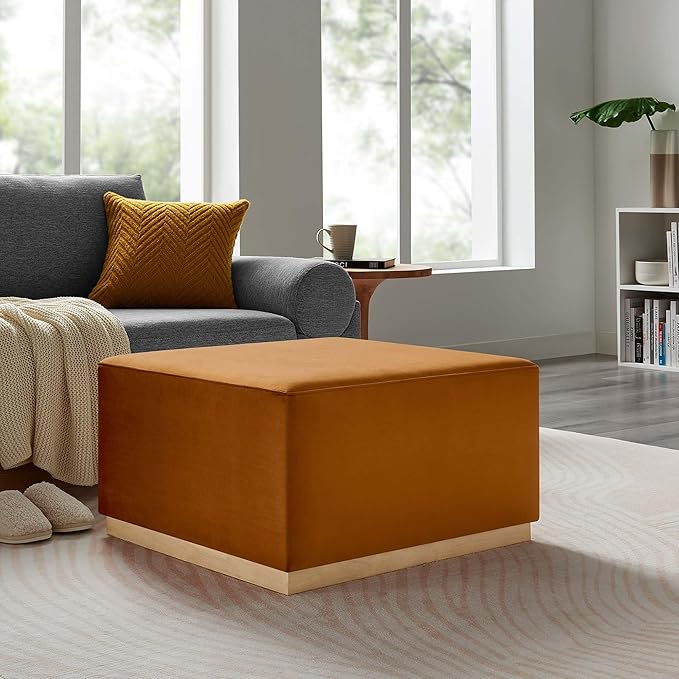 Modway Tilden 28 Inch Square Performance Velvet Upholstered Ottoman in Rust Natural - Large Ottoman Foot Rest with Rubberwood Plinth Base, Living Room Ottoman Coffee Table - Velvet Ottoman Table