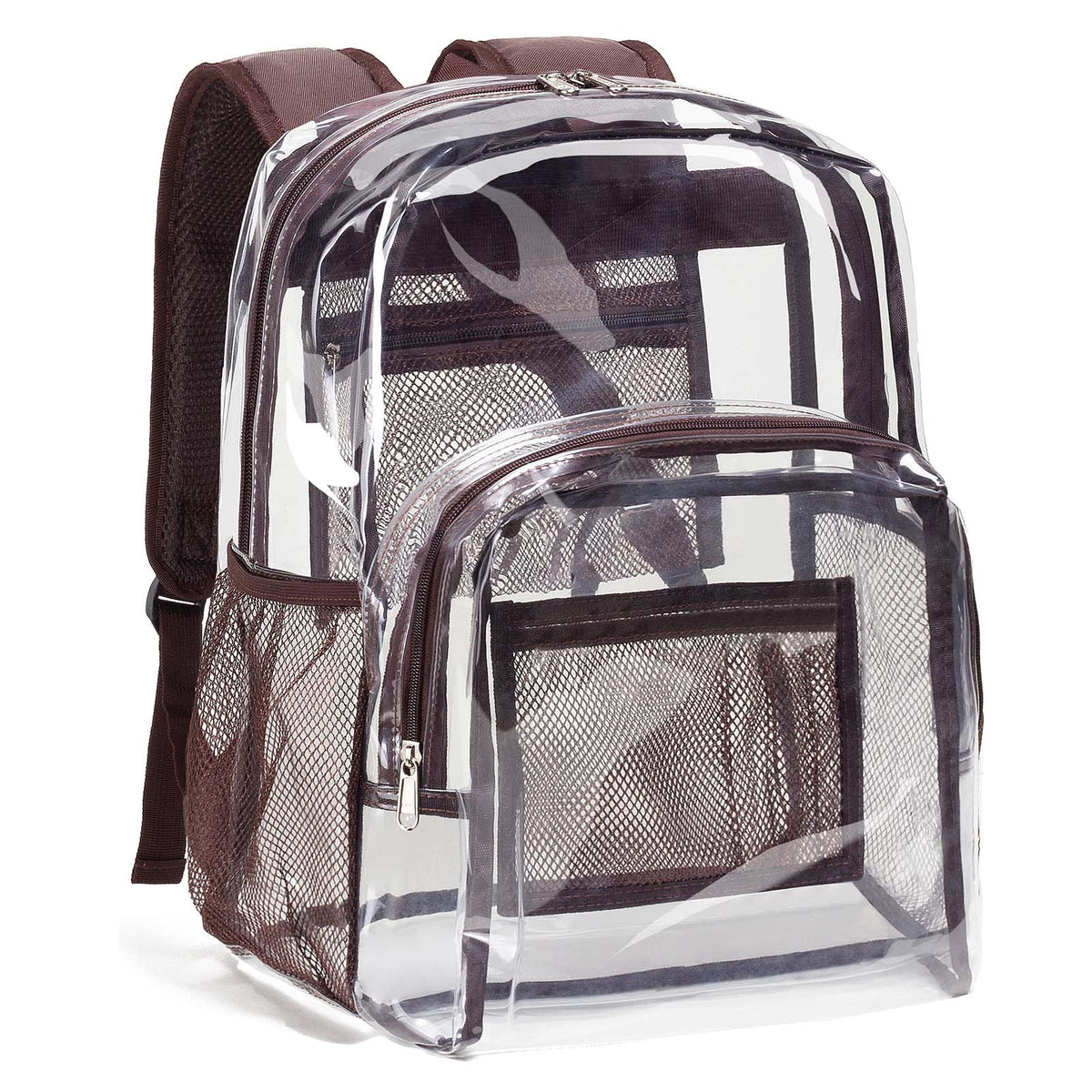 Vorspack Clear Backpack Heavy Duty PVC Transparent Backpack with Reinforced Strap Stitches & Large Capacity for College Workplace Security - Coffee