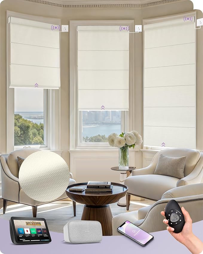 Graywind Smart Roman Shades Compatible with Alexa Google WiFi Hardwired Automatic Blinds with Remote Blackout Plain Fold Soft Roman Window Shades for Windows Doors, Custom Size (Textured Oat)