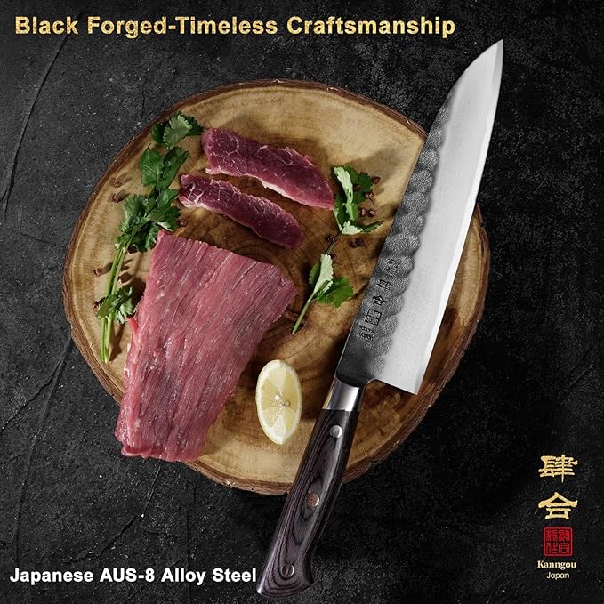 kanngou 240mm Gyuto Knife, 9.5 Inch Japanese Chef Knife with AUS-8 Alloy Steel, Black Forged Japanese Carving Knives for Meat with Full-Tang Pakkawood Hanle, Premium Box for Husband, Dad