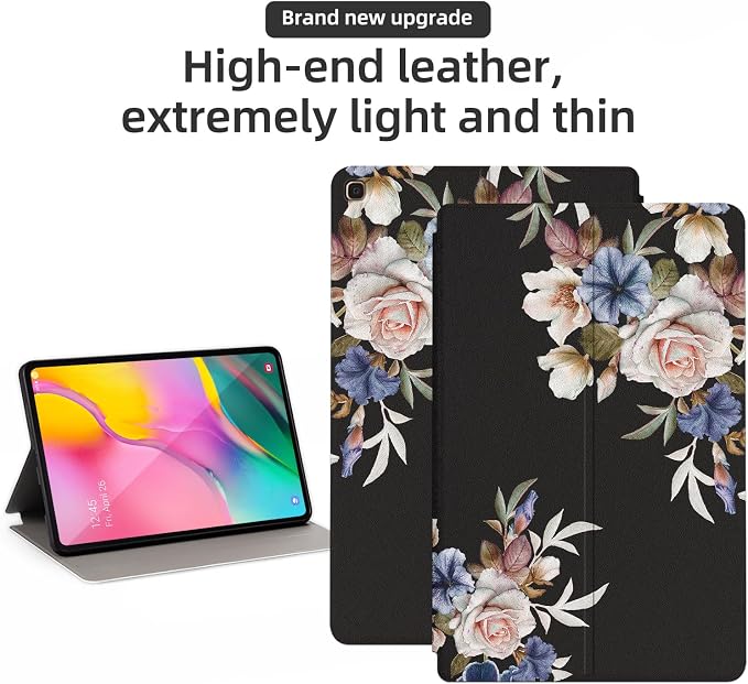 Case for Samsung Galaxy Tab A 10.1 Case 2019 Only Fit (SM-T510/ SM-T515/ SM-T517 Case) Premium PU Leather Cover Shockproof Protective Cover Folding Stand Case Black Flowers