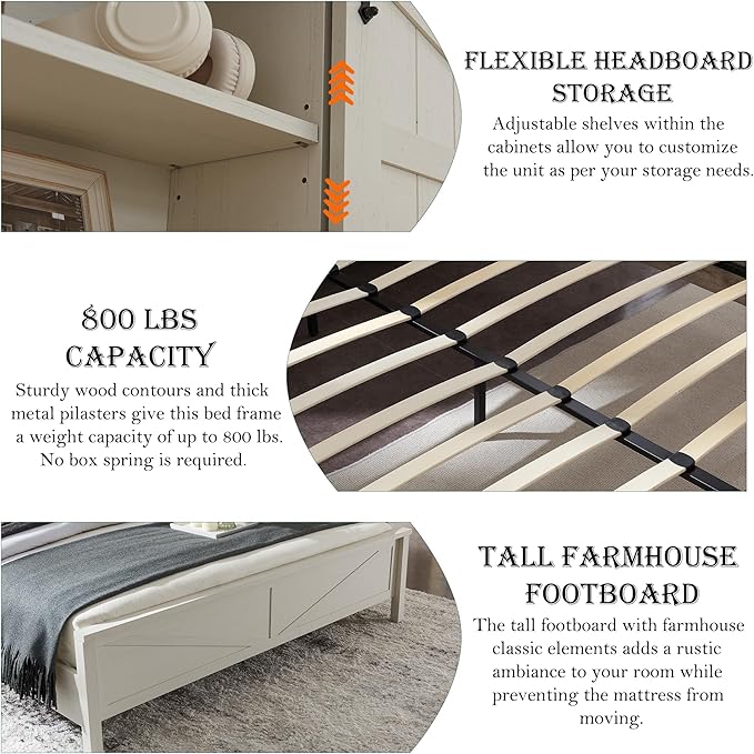 RedLemon Farmhouse Queen Size Bed Frame with Bookcase Headboard, Sliding Barn Door, Storage Cabinet, Charging Station, Wood Slats Support, No Box Spring Needed, Antique White