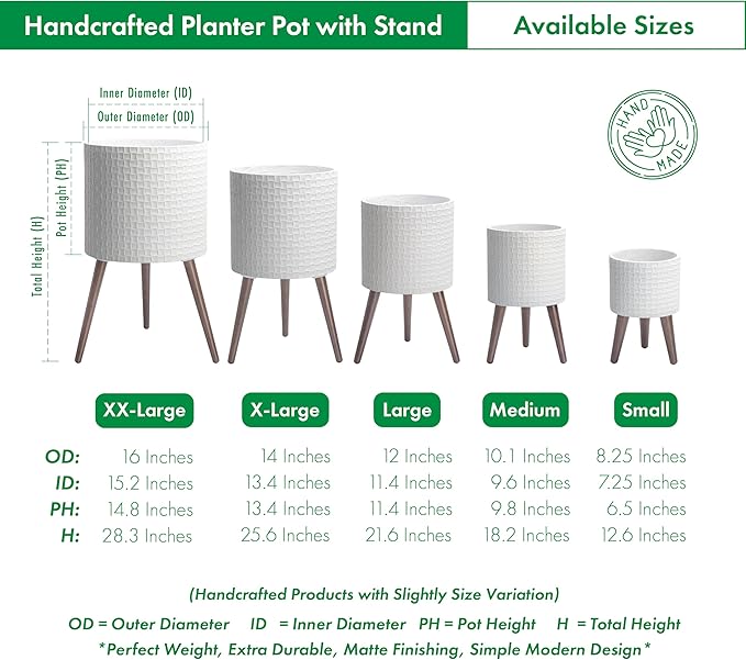 D'vine Dev 8 Inch Modern Geometric Tile Patterned Sleek Planter Pot with Stand, Indoor Outdoor Decorative Plant Holder, Matte White, 88-Z-A-1
