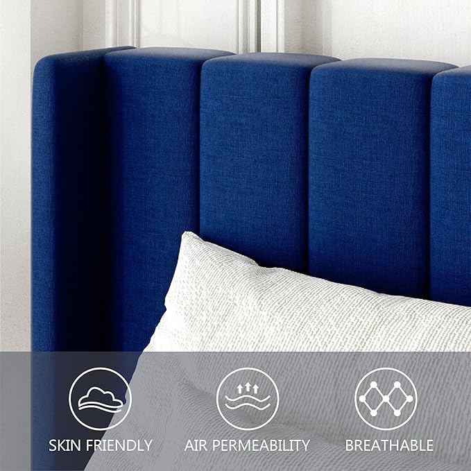 King Size Bed Frame with Upholstered Wingback Headboard, Easy Assemnly Platform Bed, Wooden Slat Support No Box Spring Needed, Navy Blue