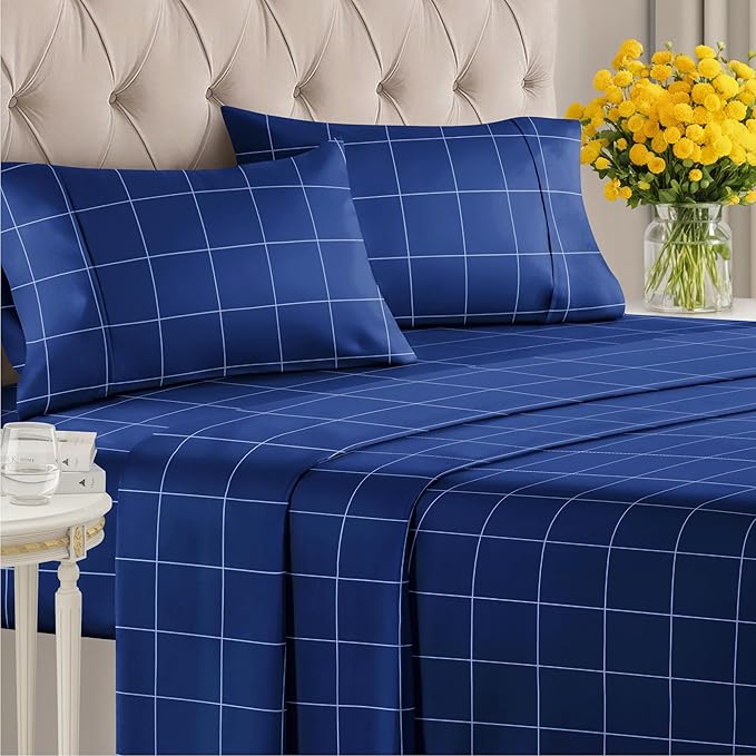 CGK Unlimited Blue Grid Bed Sheet Set – 1 Flat & 1 Fitted Sheet & 2 Pillowcases w/Deep Pockets – Wrinkle & Fade Resistant - Soft, Breathable & Cooling – Checkered Grid Bed Set, Seasons - Full Size