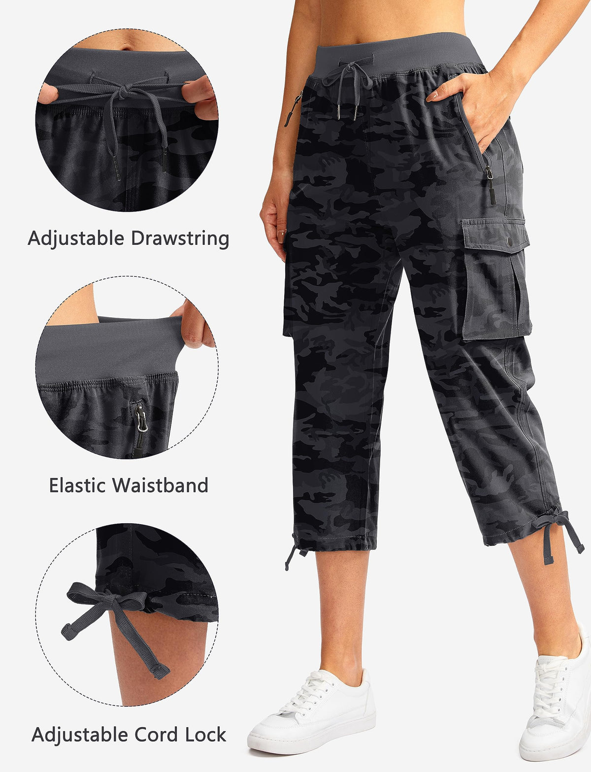 Soothfeel Women's Cargo Capris Pants with 6 Pockets Lightweight Quick Dry Travel Hiking Summer Pants for Women Casual (Black Camo, S)