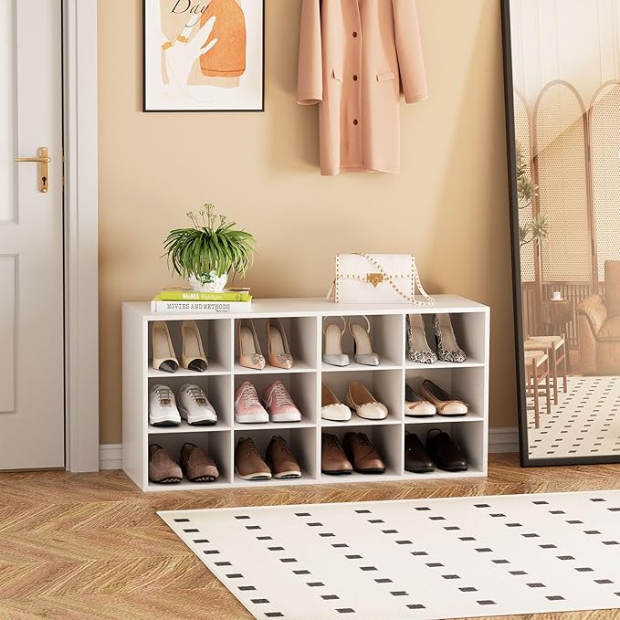 Garden 4 you Shoe Storage Bench, Cubby Shoe Rack with 12 Cubbies, 3-Tier Wood Shoe Rack Organizer, Shoe Organizer Cabinet for Entryway, Hallway, Closet and Garage, White