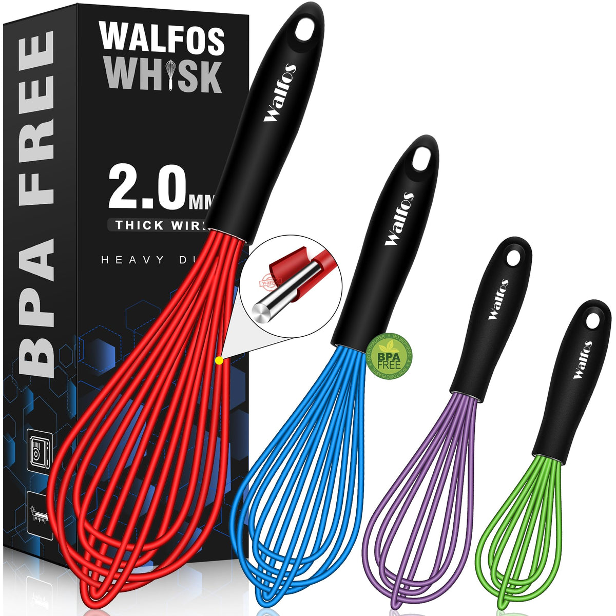 Walfos Whisk,5+7Inch Mini Whisks,Silicone Non Scratch whisk,Heat Resistant(480°F) Small whisks Suitable for stirring individual eggs and mixing small amounts of powder and sauce. Purple & Green