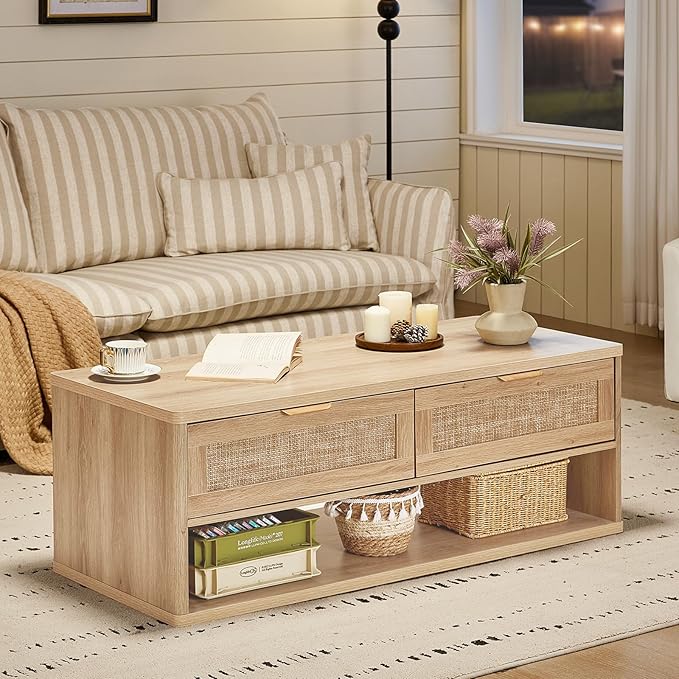 LEYAOYAO Boho Rattan Coffee Table Sets 2 Pieces, Nightstand with Charging Station and Coffee Table with Hidden Storage Compartment, Natural Living Room Table Set, Wood Furniture Sets for Home Office