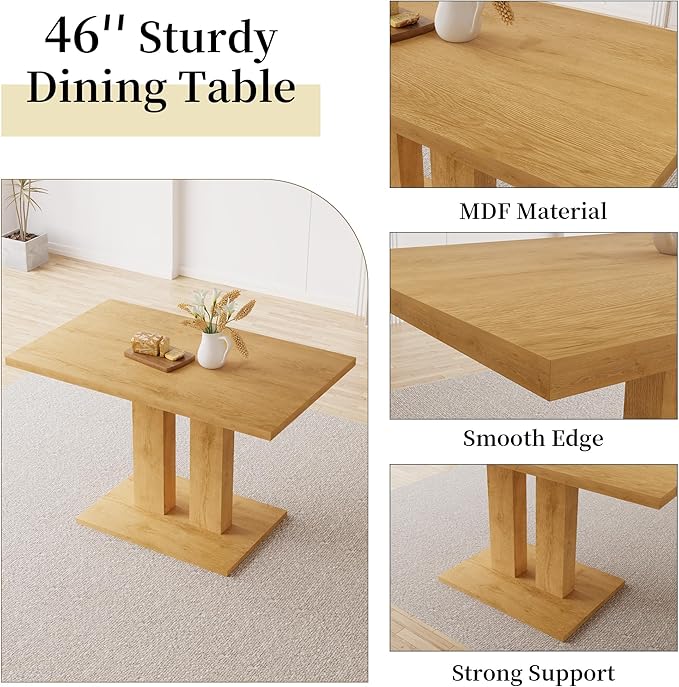 Dining Table Set for 4-6 People, 46 Inch Modern MDF Oak Kitchen Table with 4 Faux Leather Chairs, Rectangular Dining Room Table Set for Home, Small Spaces, Breakfast Nook (Oak Table + 4 Brown Chairs)